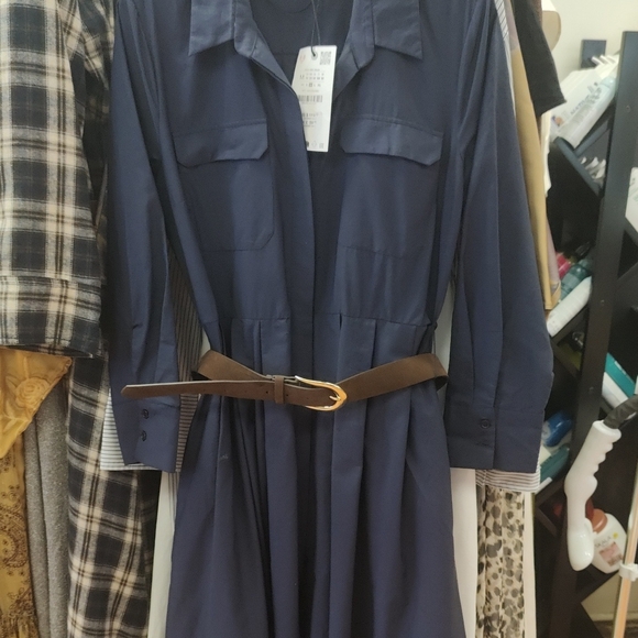 Zara Dresses & Skirts - Navy Shirt Dress with Brown Belt